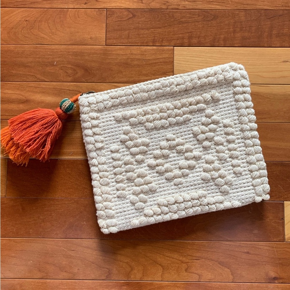 Woven Boho Textured Beige Zippered Pouch Clutch with Beaded and Orange Tassel